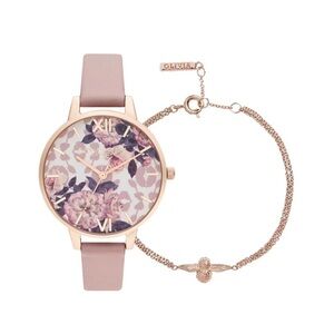 Olivia Burton Wildflower Women's Vegan Watch & 3D Bee Bracelet Gift Set, 34mm